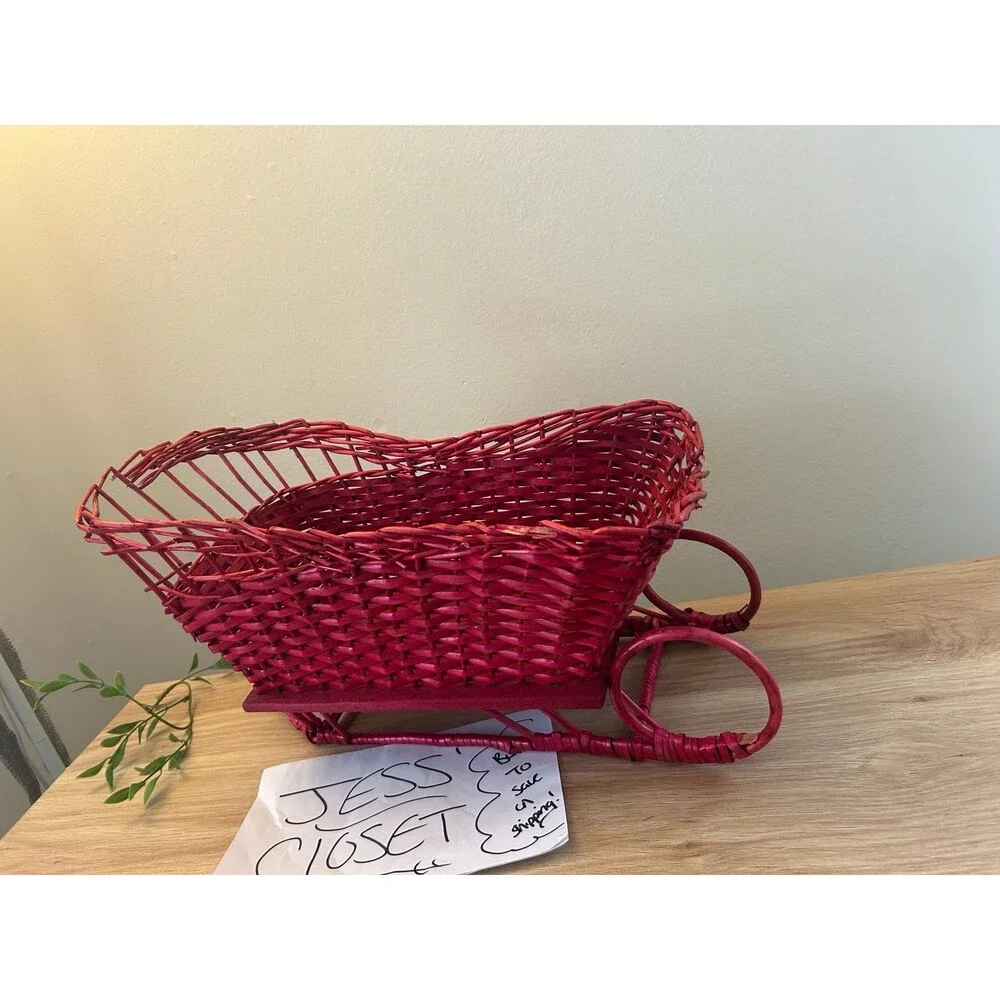 Vintage Red Wicker Sleigh Sled Basket Christmas / Winter Decor